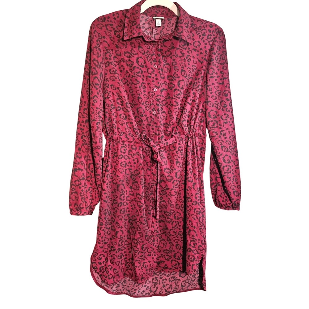 Exotic Print Shirt Dress Retro‎ Sz S Drawstring Waist Long Sleeve Collared #372